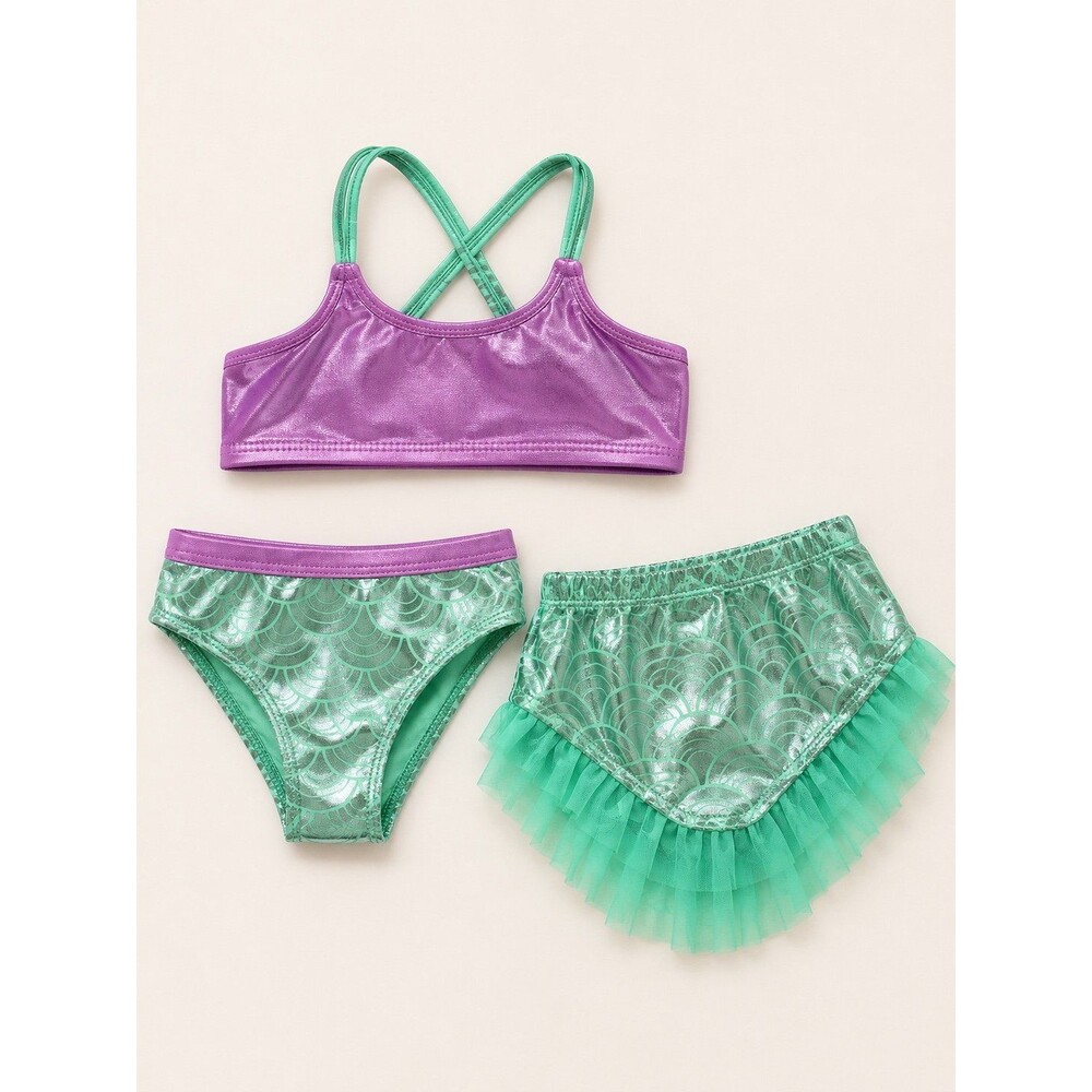 Wonder Nation Metallic Purple and Teal Mermaid 3-Piece Swimsuit Set – Girls 12M